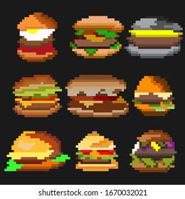 A set of nine food elements in the style of a small number of pixels, burgers from different ingredients. Illustration set for games and other various purposes. Vector illustration.