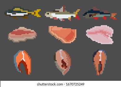 Eine Reihe von neun Essenselementen im Stil einer kleinen Anzahl Pixel, Fisch, Filets und Teile für Steaks. Eine Reihe von Illustrationen für Spiele und andere Zwecke. Vektorillustration.