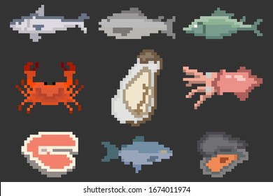 A set of nine food elements in the style of a small number of pixels, various seafood fish, mussels, crabs, squid. A set of illustrations for games and other various purposes. Vector illustration.