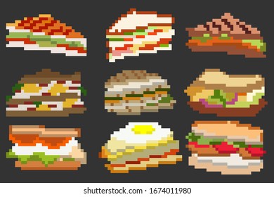 A set of nine food elements in the style of a small number of pixels, a set of sandwiches with different fillings. A set of illustrations for games and other various purposes. Vector illustration.