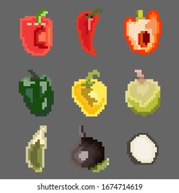 Un conjunto de nueve elementos alimentarios al estilo de un pequeño número de píxeles, varias verduras como pimientos, remolacha y más. Un conjunto de ilustraciones para juegos y otros propósitos. 