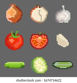 A set of nine food elements in the style of a small number of pixels, various vegetables such as onions, tomatoes, garlic, cucumbers, and more.