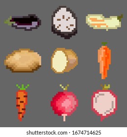 A set of nine food elements in the style of a small number of pixels, various vegetables such as eggplant, potatoes, carrots, dediska and more. 