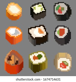 A set of nine food elements in the style of a small number of pixels, various Japanese rolls. A set of illustrations for games and other various purposes. Vector illustration.