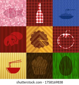 Set of nine food flat icons. Luxurious background. Artistic illustration. 