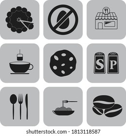 Set of nine food flat icons. Delicate background. Illustration. 