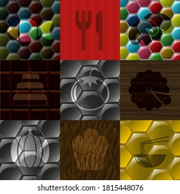 Juego de nueve íconos planos de comida. Delicado fondo. Ilustración. 