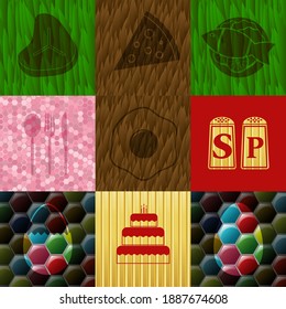 Set of nine food flat icons. Delicate background. Illustration. 