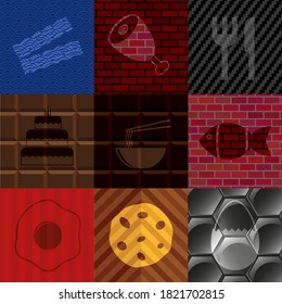 Set of nine food icons. Chic background. Artistic illustration. 