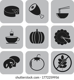 Set of nine food icons. Fancy background. Intense illustration. 