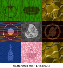 Set of nine food icons. Fashionable background. Artistic illustration. 