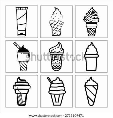 Set of nine food including ice cream cones a tube dessert