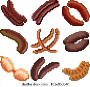 A set of nine food items consisting of pixels. Various sausages. Old graphics, interesting images for games, websites, restaurant menus, and much more. Vector illustration.