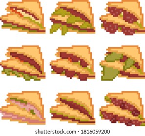 A set of nine food items consisting of pixels. Sandwiches with various fillings chicken, egg, salad, etc. Old graphics, interesting images for games, websites and much more. Vector illustration.