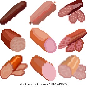 A set of nine food items consisting of pixels. Various sausages. Old graphics, interesting images for games, websites, restaurant menus, and much more. Vector illustration.