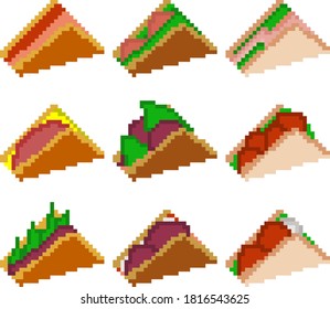 Un conjunto de nueve alimentos compuestos por píxeles. Sándwiches con varios rellenos de pollo, huevo, ensalada, etc. Ilustración vectorial.