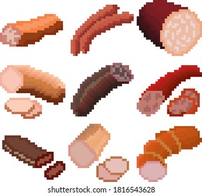 A set of nine food items consisting of pixels. Various sausages. Old graphics, interesting images for games, websites, restaurant menus, and much more. Vector illustration.