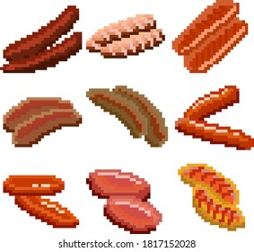 A set of nine food items consisting of pixels. Various sausages. Old graphics, interesting images for games, websites, restaurant menus, and much more. Vector illustration.