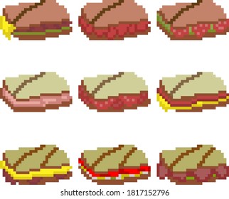 A set of nine food items consisting of pixels. Sandwiches with various fillings chicken, egg, salad, etc. Old graphics, interesting images for games, websites, restaurant menus, and much more. 