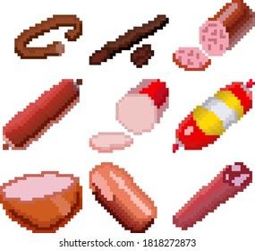 A set of nine food items consisting of pixels. Various sausages. Old graphics, interesting images for games, websites, restaurant menus, and much more. Vector illustration.