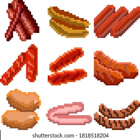 A set of nine food items consisting of pixels. Various sausages. Old graphics, interesting images for games, websites, restaurant menus, and much more. Vector illustration.