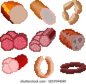 A set of nine food items consisting of pixels. Various sausages. Old graphics, interesting images for games, websites, restaurant menus, and much more. Vector illustration.