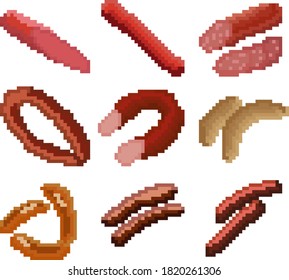 A set of nine food items consisting of pixels. Various sausages. Old graphics, interesting images for games, websites, restaurant menus, and much more. Vector illustration.