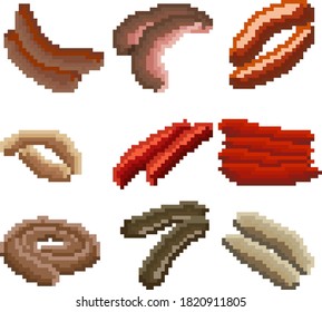 A set of nine food items consisting of pixels. Various sausages. Old graphics, interesting images for games, websites, restaurant menus, and much more. Vector illustration.