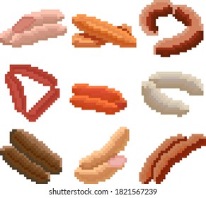 A set of nine food items consisting of pixels. Various sausages. Old graphics, interesting images for games, websites, restaurant menus, and much more. Vector illustration.