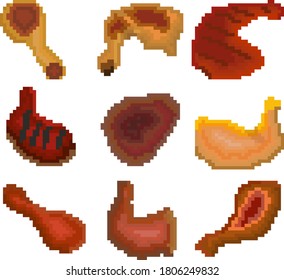 A set of nine food items made up of pixels. Fried chicken legs. Old graphics, interesting images for games, websites, restaurant menus, and more. Vector illustration.