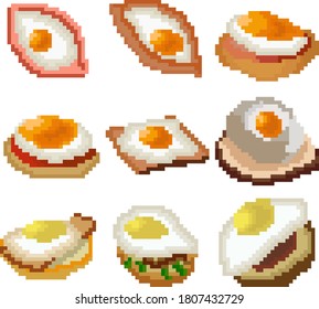 A set of nine food items made up of pixels. Fried eggs on bread with bacon, sausage and other . Old graphics, interesting images for games, websites, restaurant menus, and more. Vector illustration.