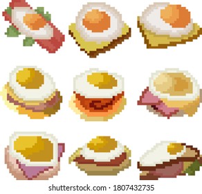 A set of nine food items made up of pixels. Fried eggs on bread with bacon, sausage and other . Old graphics, interesting images for games, websites, restaurant menus, and more. Vector illustration.