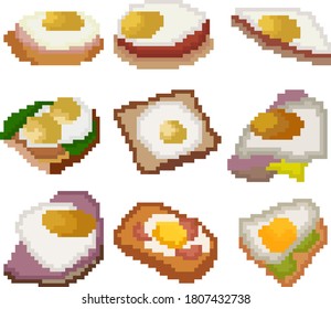 A set of nine food items made up of pixels. Fried eggs on bread with bacon, sausage and other . Old graphics, interesting images for games, websites, restaurant menus, and more. Vector illustration.