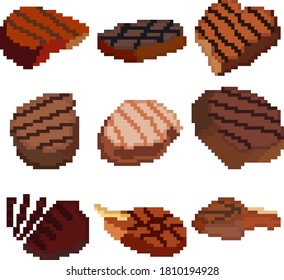 A set of nine food items made up of pixels. Meat steaks. Old graphics, interesting images for games, websites, restaurant menus, and more. Vector illustration.