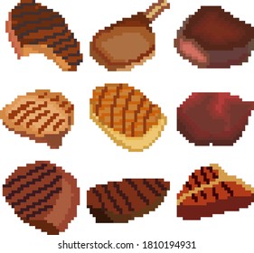 A set of nine food items made up of pixels. Meat steaks. Old graphics, interesting images for games, websites, restaurant menus, and more. Vector illustration.
