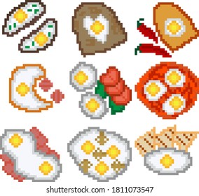 A set of nine food items made up of pixels. Fried eggs with vegetables, bacon, sausage, and more. Old graphics, interesting images for games, websites, restaurant menus, and more. Vector illustration.