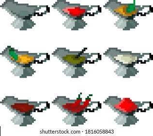 Un conjunto de nueve alimentos hechos de píxeles. Salsas variadas como soja, mayonesa, crema agria, mostaza, rábano picante, ketchup, wasabi, etc. Ilustración vectorial.