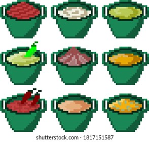 Ein Set von neun Essensartikeln aus Pixeln. Verschiedene Saucen wie Soja, Mayonnaise, saure Sahne, Senf, Pferdefleisch, Ketschup, Wespe, etc. Vektorgrafik.