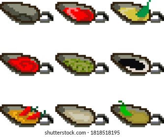 A set of nine food items made up of pixels. Various sauces such as soy, mayonnaise, sour cream, mustard, horseradish, ketchup, wasabi, etc. Interesting image for websites, restaurant menus.