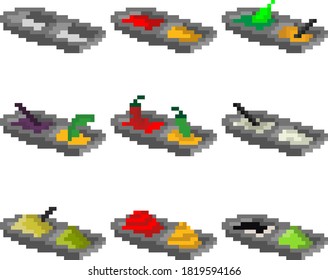 A set of nine food items made up of pixels. Various sauces such as soy, mayonnaise, sour cream, mustard, horseradish, ketchup, wasabi, etc. Interesting image for websites, restaurant menus.