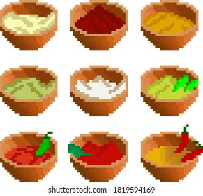 A set of nine food items made up of pixels. Various sauces such as soy, mayonnaise, sour cream, mustard, horseradish, ketchup, wasabi, etc. Interesting image for website. Vector illustration.