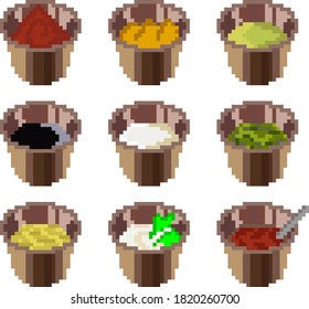 A set of nine food items made up of pixels. Various sauces such as soy, mayonnaise, sour cream, mustard, horseradish, ketchup, wasabi, etc. Interesting image for websites. Vector illustration.