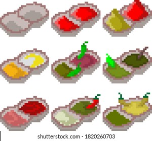 A set of nine food items made up of pixels. Various sauces such as soy, mayonnaise, sour cream, mustard, horseradish, ketchup, wasabi, etc. Interesting image for websites. Vector illustration.