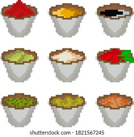 A set of nine food items made up of pixels. Various sauces such as soy, mayonnaise, sour cream, mustard, horseradish, ketchup, wasabi, etc. Interesting image for websites, restaurant menus.