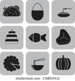 Set of nine food related flat icons. Fashionable background. Intense illustration. 