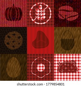 Set of nine food related flat icons. Handsome background. Illustration. 