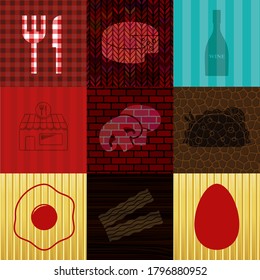 Set of nine food related flat icons. Graceful background. Illustration. 