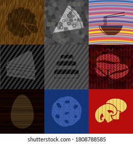 Set of nine food related flat icons. Delicate background. Vector illustration. 