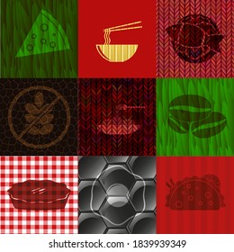 Set of nine food related flat icons. Exquisite background. Intense illustration. 