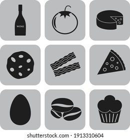 Set of nine food related flat icons. Luxurious background. Intense illustration. 